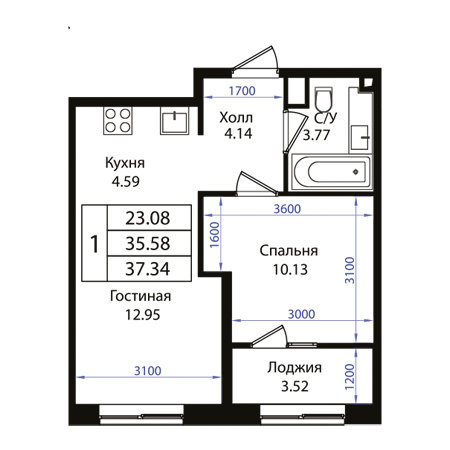 1 комнатная 37.34м²