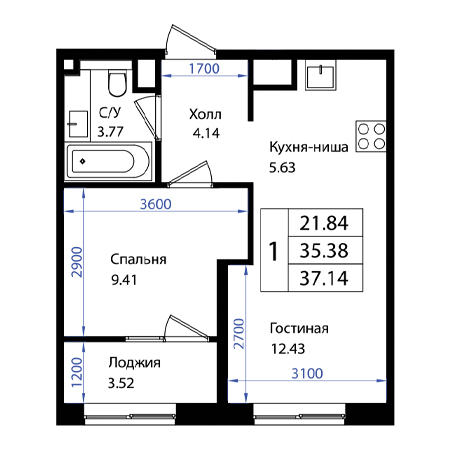 1 комнатная 37.14м²