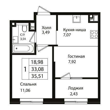 1 комнатная 35.51м²