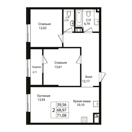 2 комнатная 71.08м²