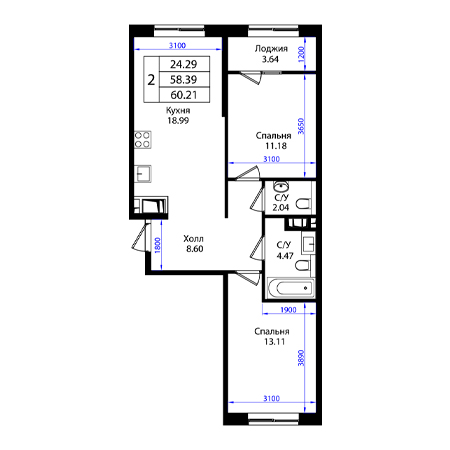 2 комнатная 60.21м²