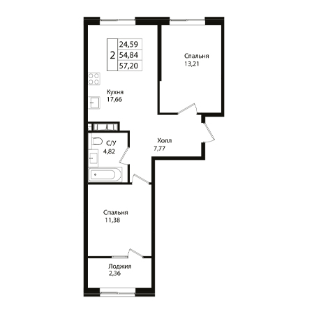 2 комнатная 57.2м²