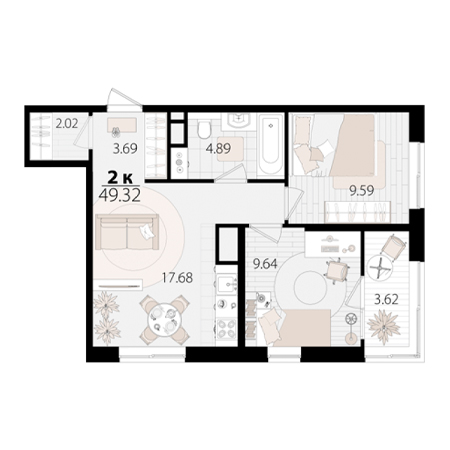 2 комнатная 49.32м²