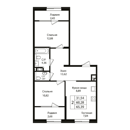 2 комнатная 65.39м²