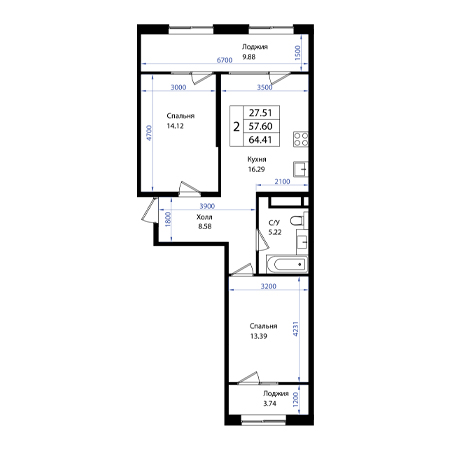 2 комнатная 64.41м²