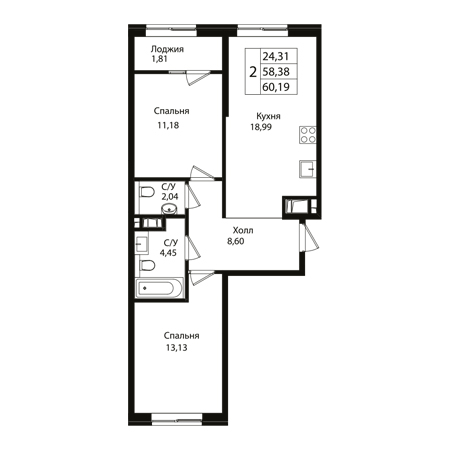 2 комнатная 60.19м²