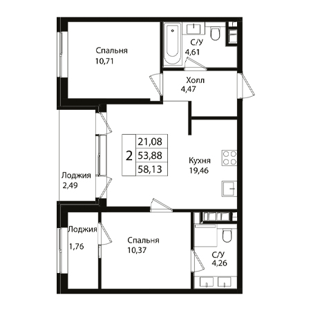 2 комнатная 58.13м²