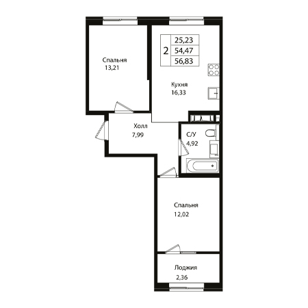 2 комнатная 56.83м²