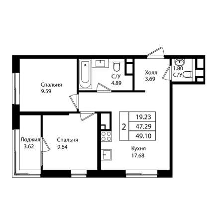 2 комнатная 49.1м²