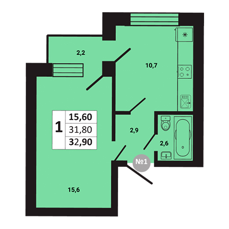 1 комнатная 32.9м²