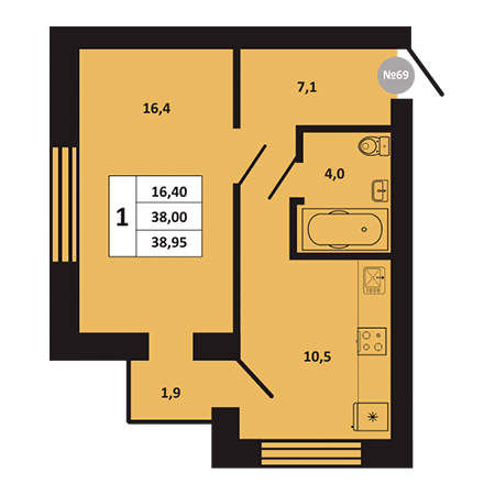 1 комнатная 38.95м²