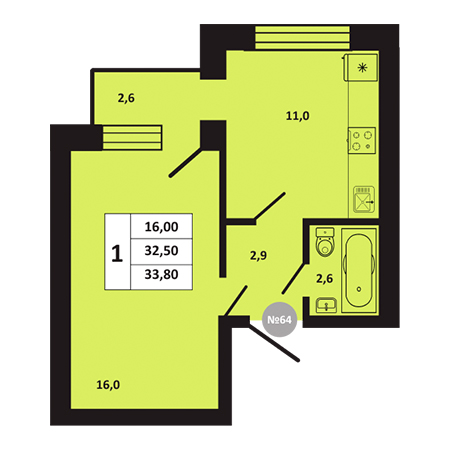 1 комнатная 33.8м²