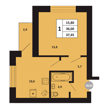 1 комнатная 37.45м²