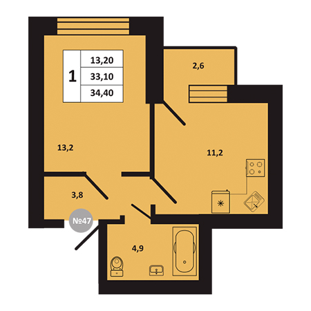 1 комнатная 34.4м²