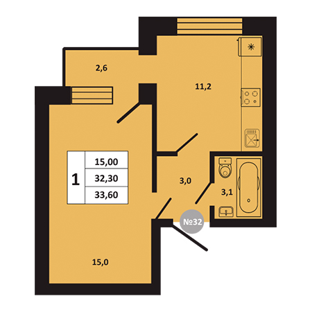 1 комнатная 33.6м²