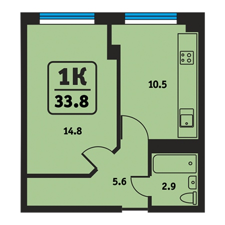 1 комнатная 33.8м²