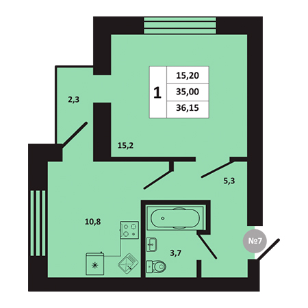 1 комнатная 36.15м²