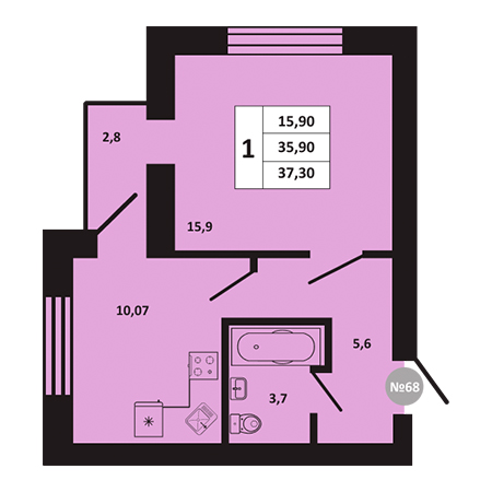 1 комнатная 37.3м²