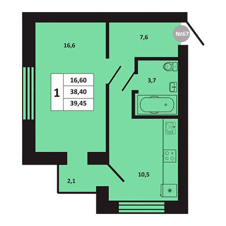 1 комнатная 39.45м²