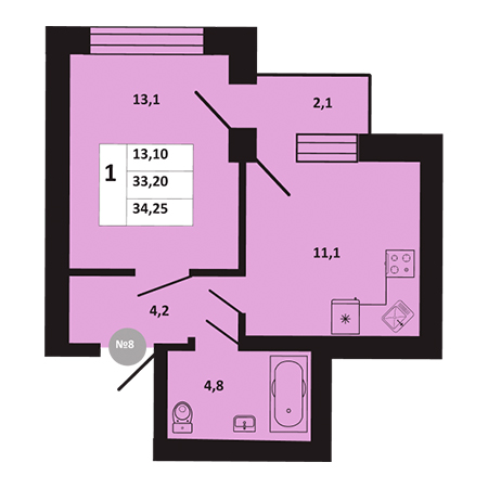 1 комнатная 34.25м²