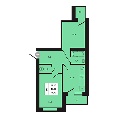 2 комнатная 51.7м²