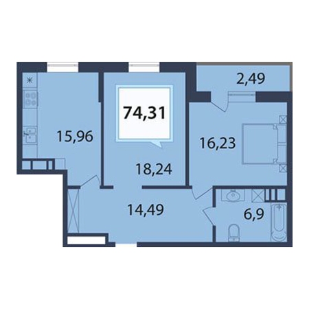 2 комнатная 74.31м²