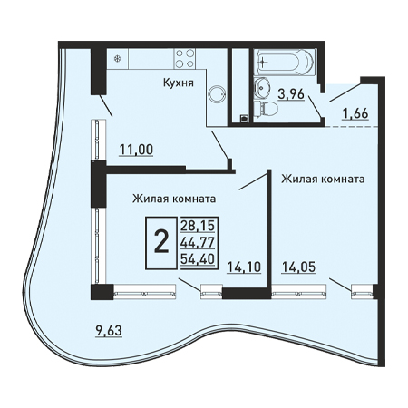 2 комнатная 54.4м²