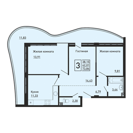 3 комнатная 73.84м²