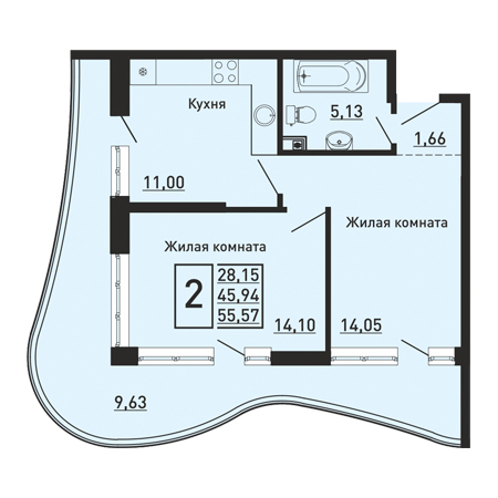 2 комнатная 55.57м²