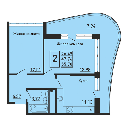 2 комнатная 55.7м²