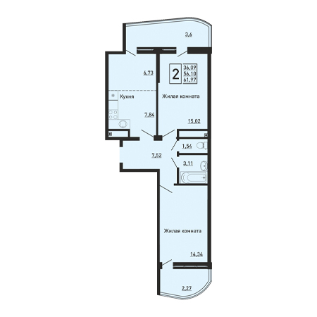 2 комнатная 61.97м²