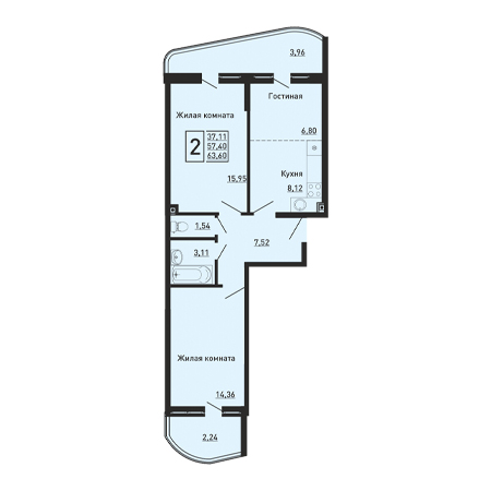 2 комнатная 63.6м²