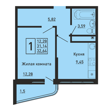 1 комнатная 32.64м²