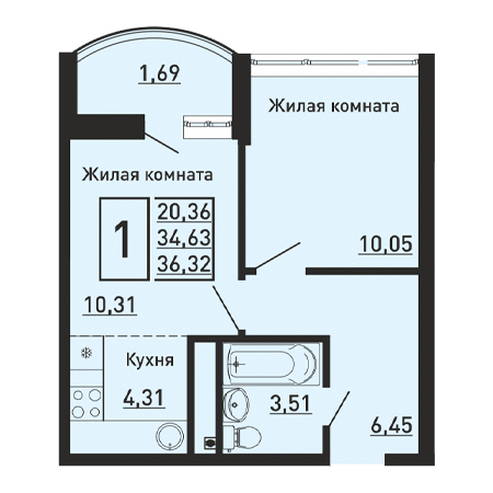 1 комнатная 36.32м²