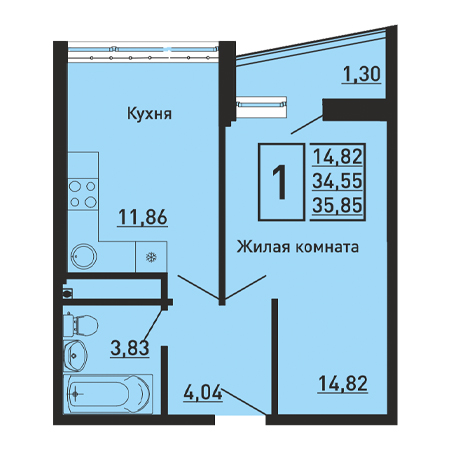 1 комнатная 35.85м²