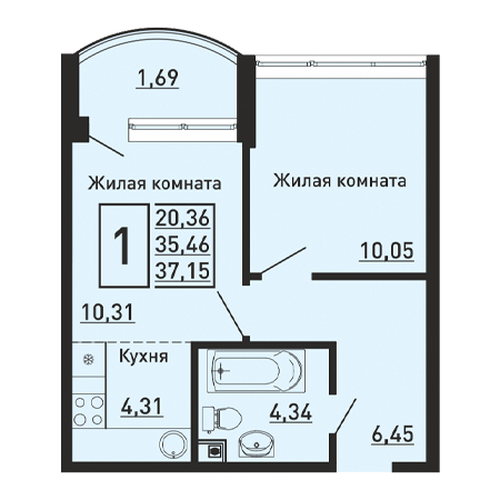 1 комнатная 37.15м²