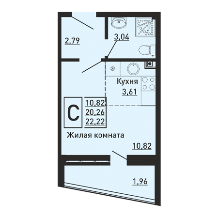 Студия 22.22м²