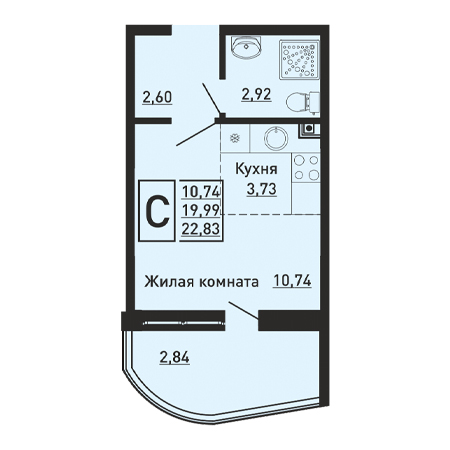 Студия 22.83м²