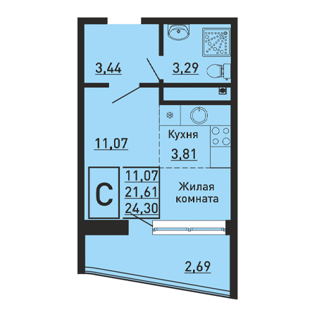 Студия 24.3м²