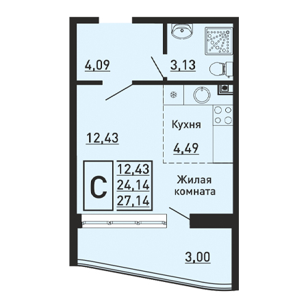 Студия 27.14м²