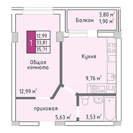 1 комнатная 35.71м²