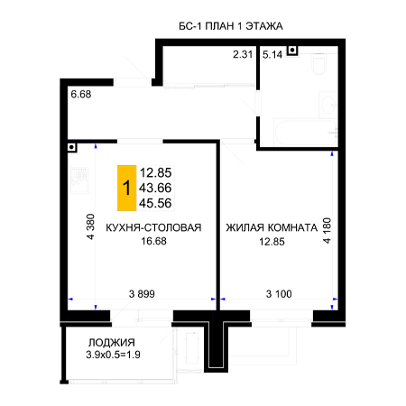 1 комнатная 45.56м²