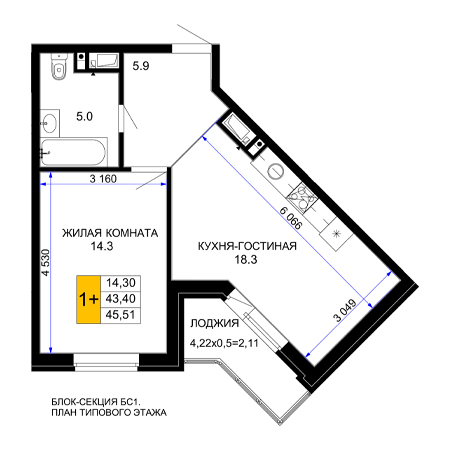 1 комнатная 45.51м²