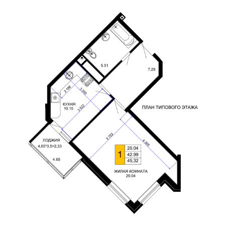 1 комнатная 45.32м²