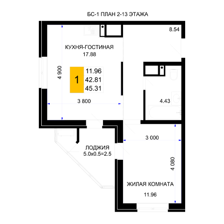 1 комнатная 45.31м²