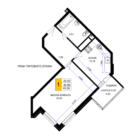 1 комнатная 45.3м²