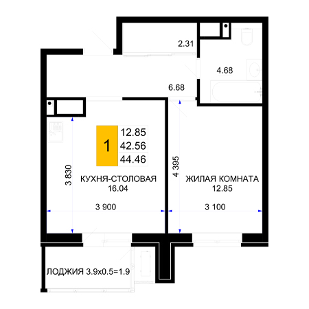 1 комнатная 44.46м²