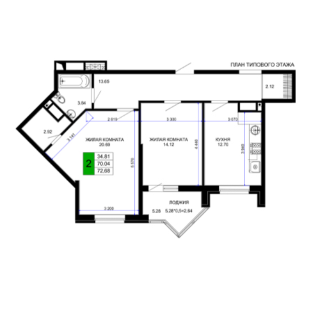 2 комнатная 72.68м²