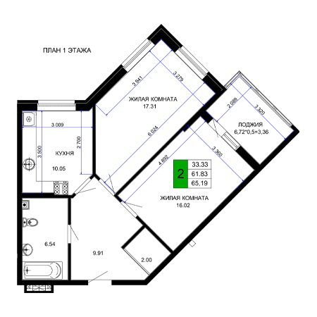 2 комнатная 65.19м²