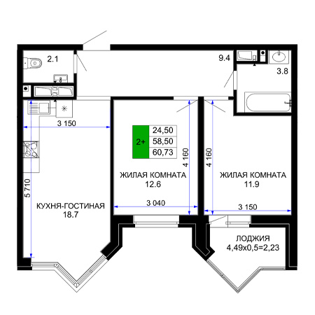 2 комнатная 60.73м²